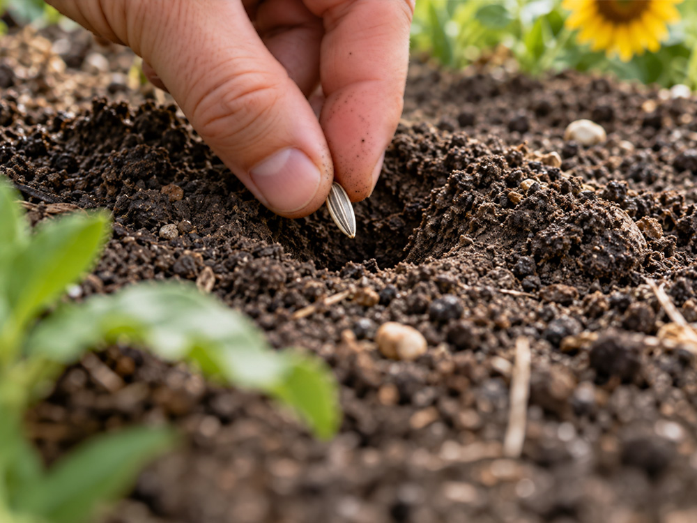 Planting a sunflower seed in the soil