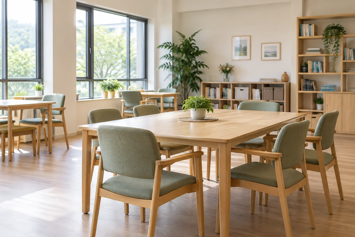 A bright social welfare activity space with shared tables, chairs and indoor plants